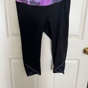 New Balance Black Leggings with Purple Floral Waistband quarter length